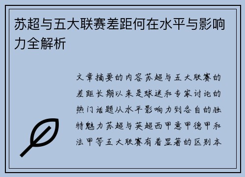 苏超与五大联赛差距何在水平与影响力全解析