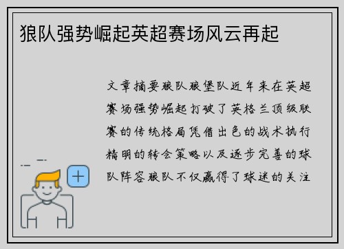 狼队强势崛起英超赛场风云再起